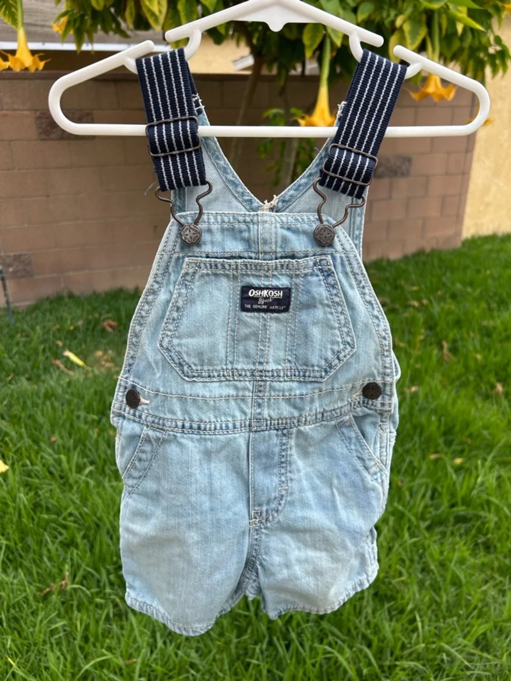 OshKosh B'gosh Light Blue Denim Short Overalls with Navy Striped Straps